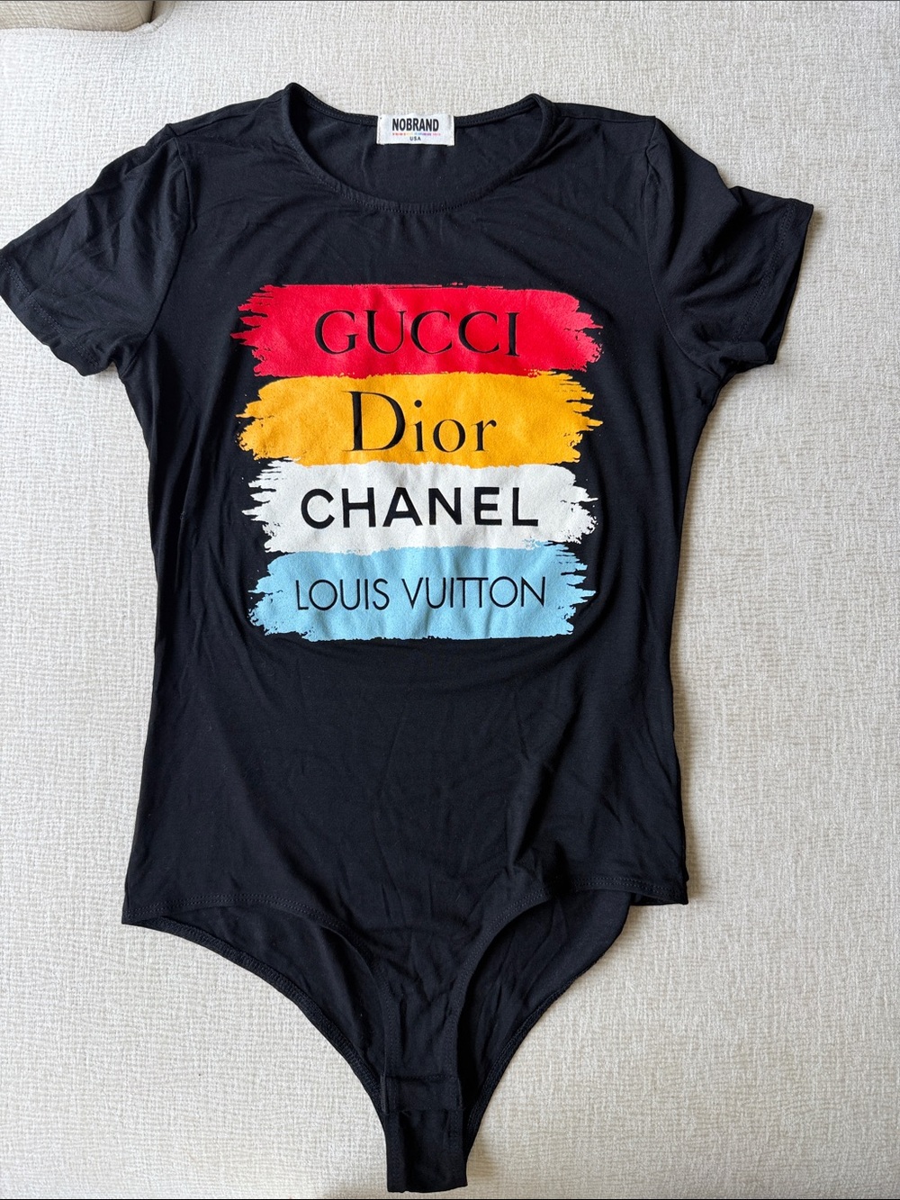 Black Graphic Logo-Stripes Bodysuit with Red, Yellow, White, Blue Print